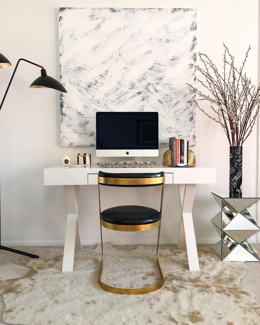 Brass Metal Chair in a Glamorous home office with abstract art and pussy willow branches via @the_beautiful_savages