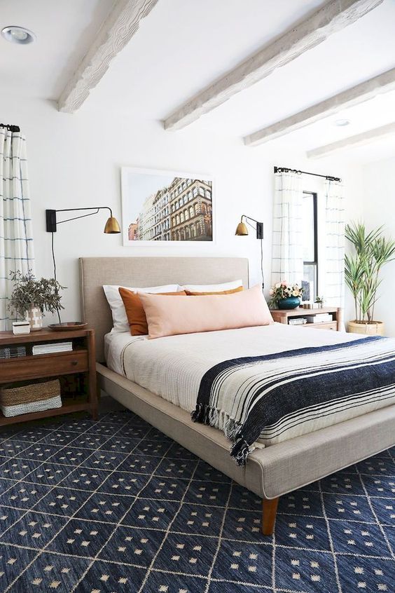 Brass Wall Sconces in Mid-century modern bedroom