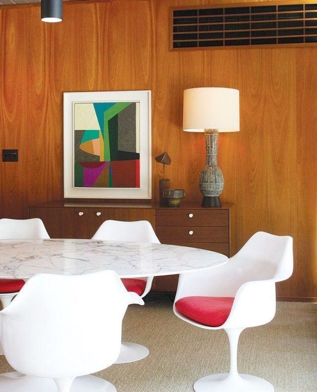 Chestnut Wood Wall Paneling in a Mid-Century Modern Dining Room via @theatomicranch