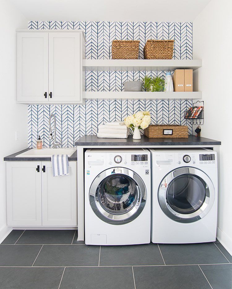 Coastal Laundry Room with Blue Grout Backsplash via @lilypadcottage