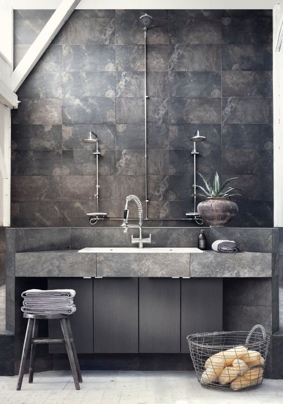 Colors - Gray Industrial Bathroom with Concrete Sink via Sara Svenningrud