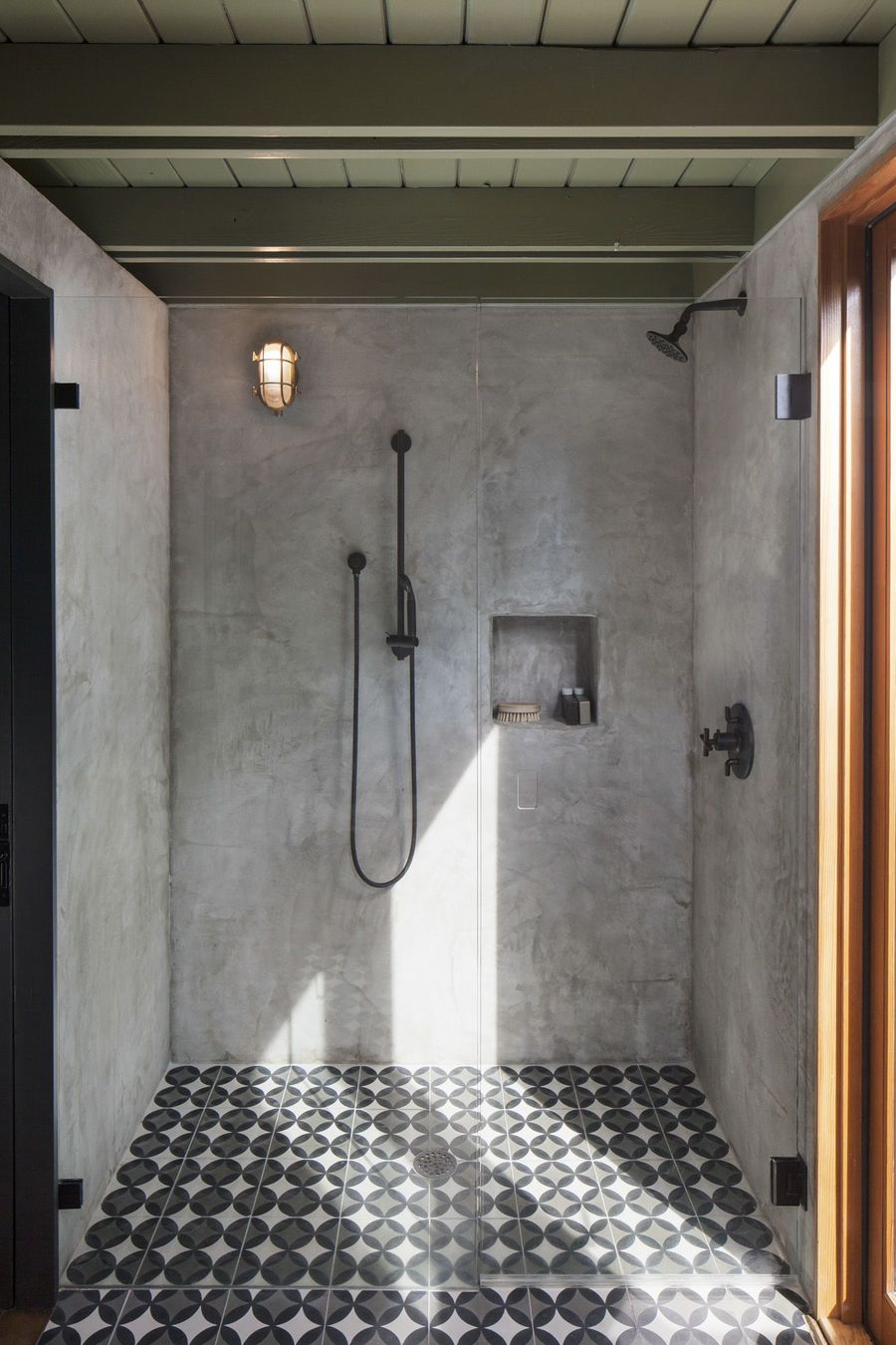 Concrete Shower Walls in Industrial Bathroom via ElleDecor