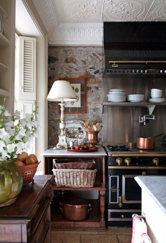Copper Cookware in a English Country Home Kitchen via The Glam Pad