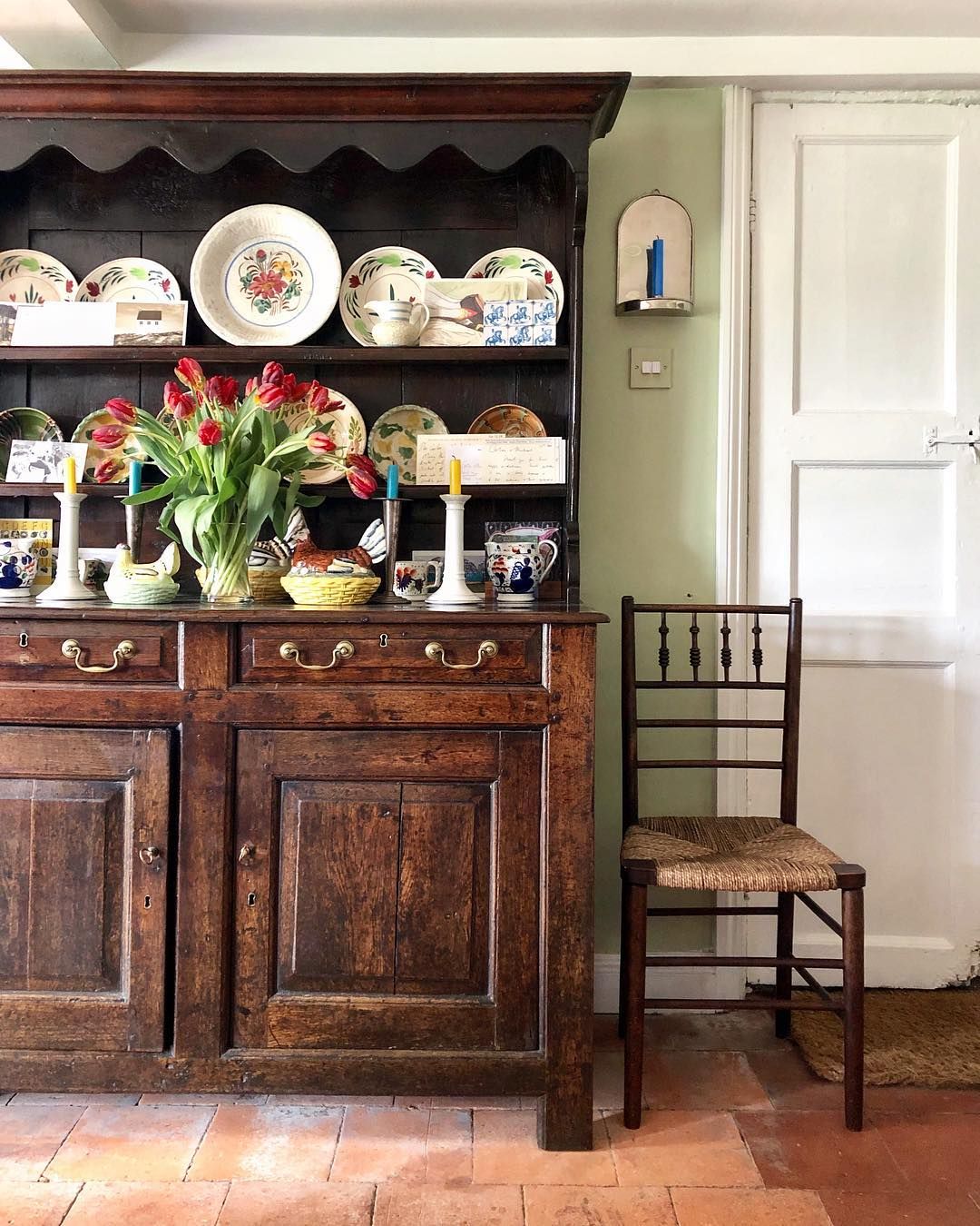 English Country Dining Room with Wooden hutch via @carlosgarciainteriors