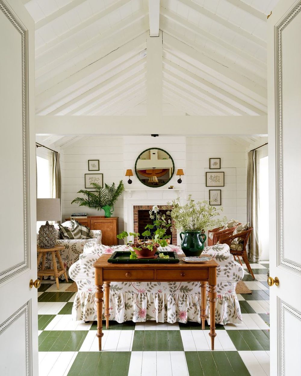 English country living room green white checkered floors salvesengraham