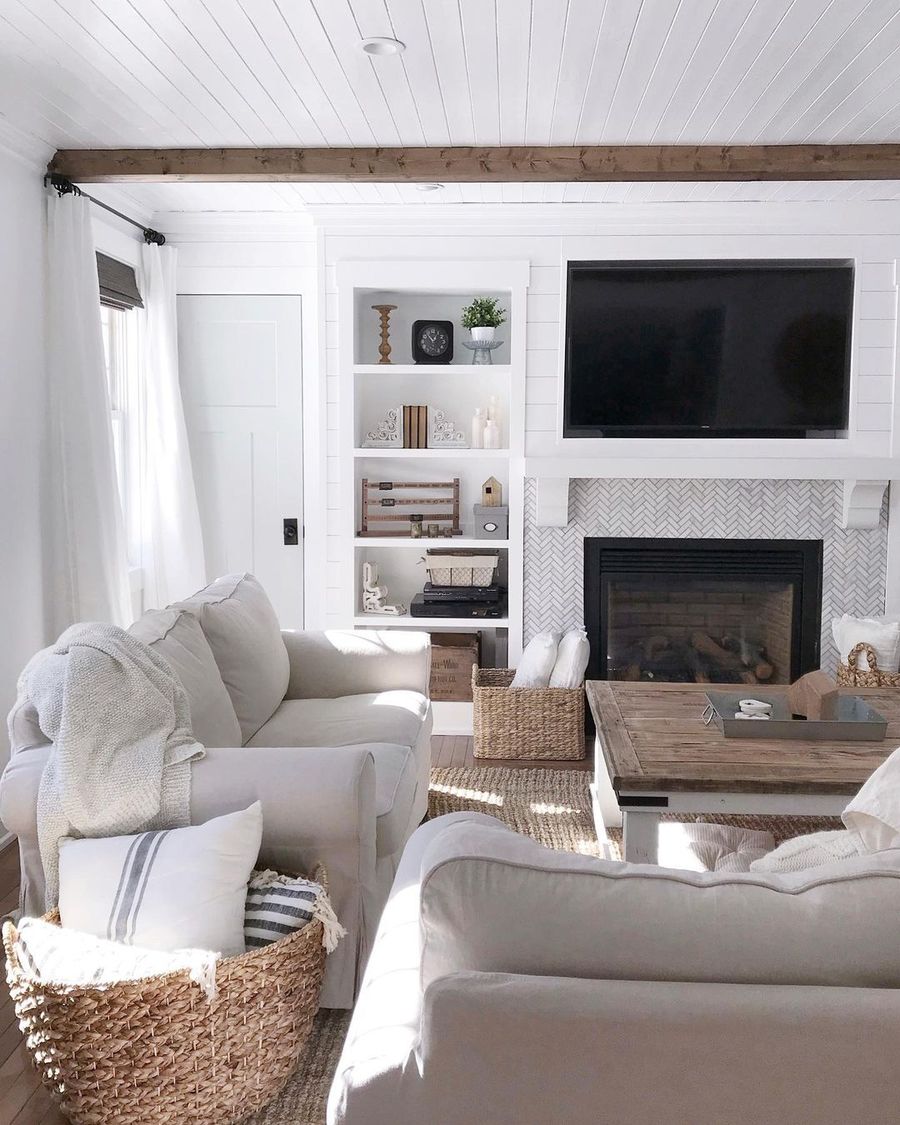 Exposed Wood Ceiling Beam in Modern Farmhouse Living Room design via @angelarose_diyhome