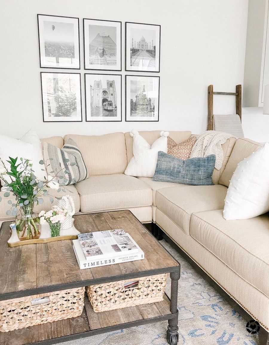 Farmhouse Living Room with Beige Sectional Sofa via @finding__lovely