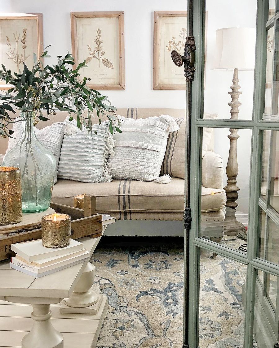 Farmhouse Living Room with Eucalyptus in a vase via @desertdecor