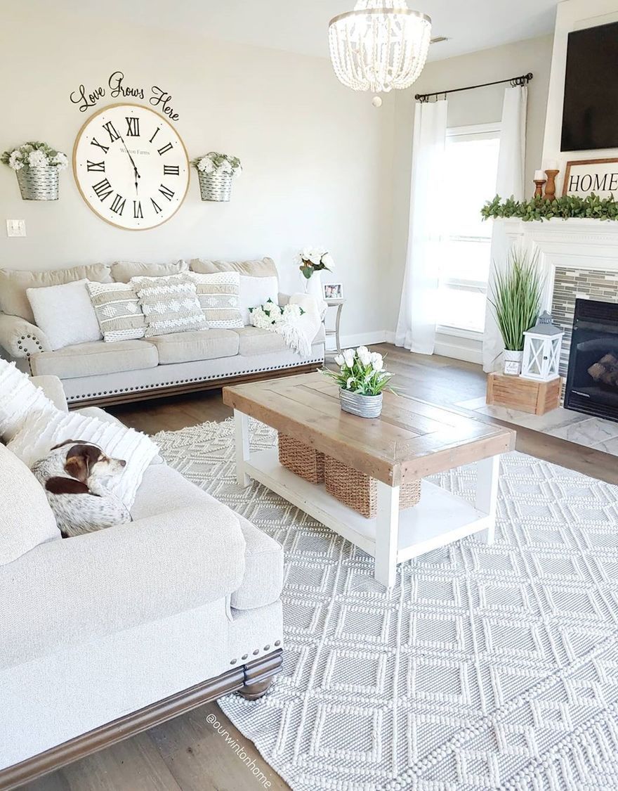 Farmhouse Living Room with Oversized Wall Clock via @ourwintonhome