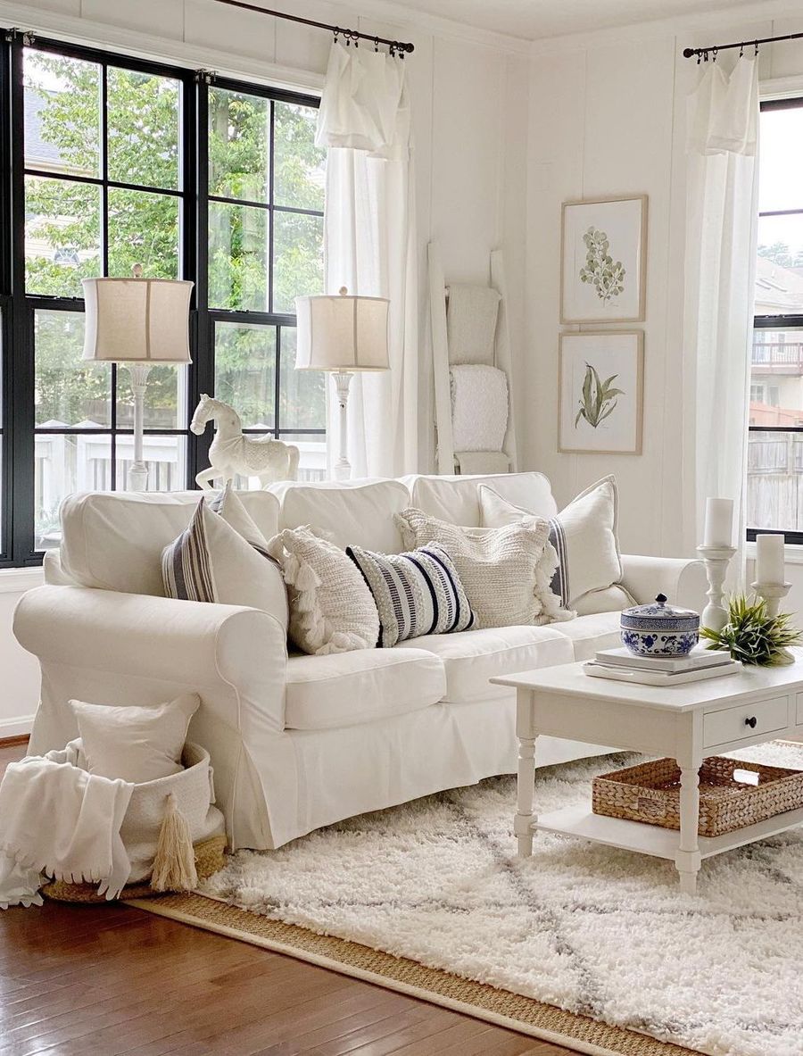 Farmhouse Living Room with Painted White Wood Coffee Table via @adventuresindecorating1