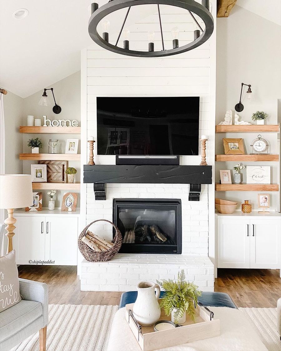 Farmhouse Living Room with TV above Mantel via @shiplapaddict