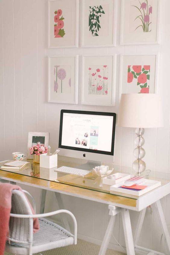 Feminine Home Office with Floral Gallery Wall Above Desk