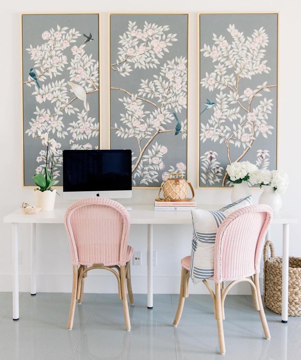 11 Gorgeous Easy Feminine Home Office Decor Ideas   Feminine Office Decor With Three Floral Wall Panels Via @palmbeachlately 