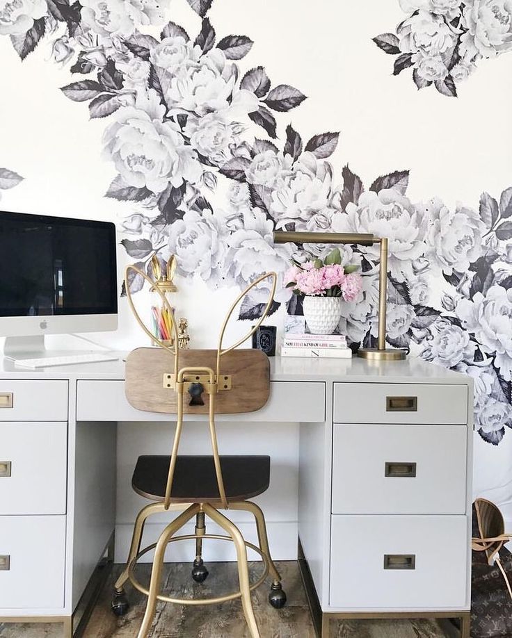 Feminine Office with Floral Wallpaper Decor