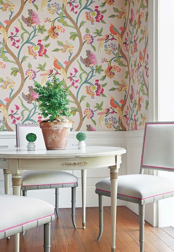 Floral Accent Wallpaper in Spring Dining Room Decor via Thibaut Design