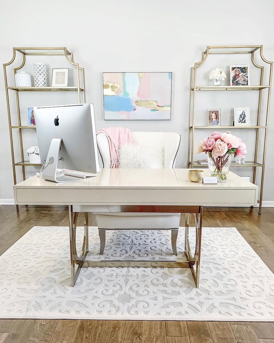 Fresh Pink Flowers in a Glam Office with twin bookshelves via @kathrynpackard