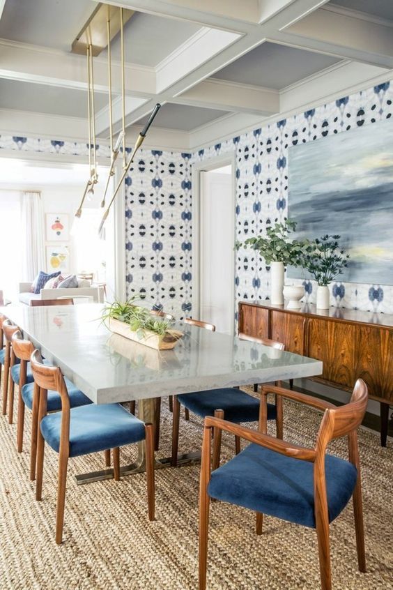 Geometric Wallpaper Mid-Century Modern Dining Room with Wood dining chairs