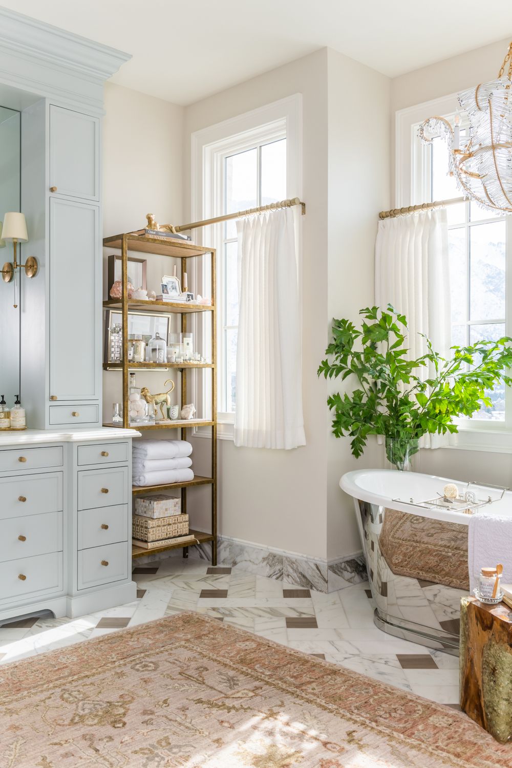 Glam Bathroom with Metallic Etagere Storage via Rachel Parcell