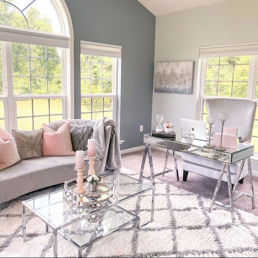 Glam Office with Gray Sofa for Guests via @mrsjoyclary