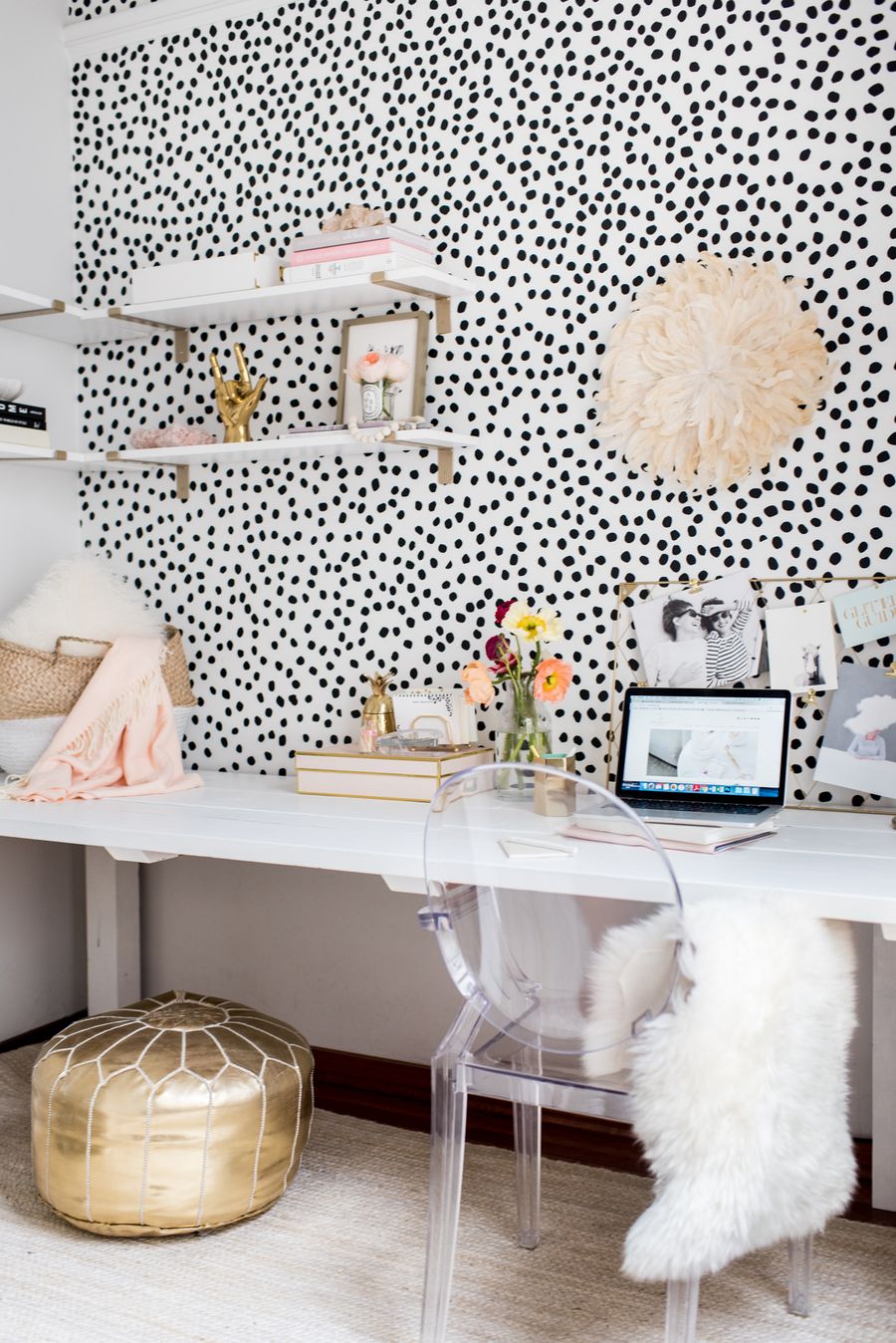 Glam Office with Polka Dot Wallpaper via Urban Walls
