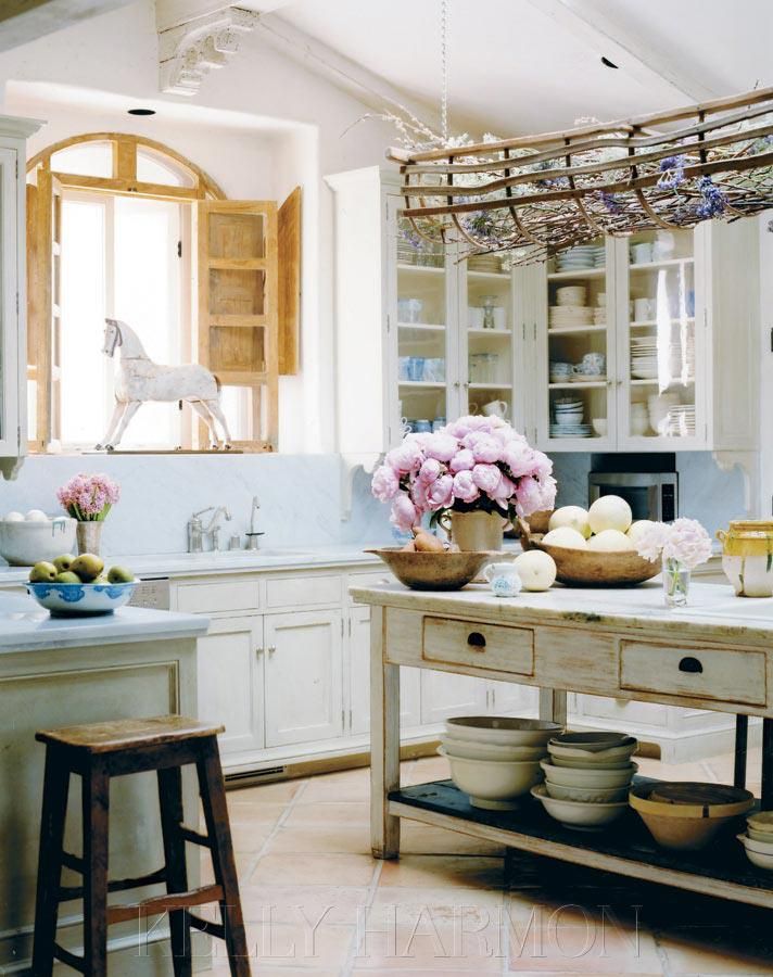 Glass Door Cabinets in Country Kitchen via Kelly Harmon