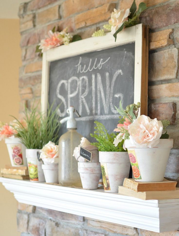 Hello Spring Chalkboard and Potted Plants - Spring Mantel Decor via SarahJoyBlog