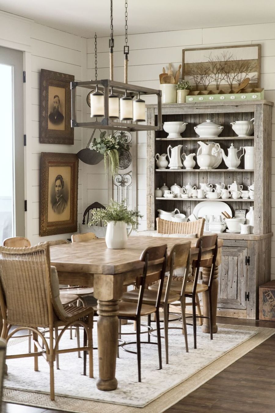 15 Modern Farmhouse Dining Room Decor Ideas   Hutch With Vintage White Serving Platters And Pitchers In Farmhouse Dining Room Decor Ideas Via Barrett Sons Home Remodel 