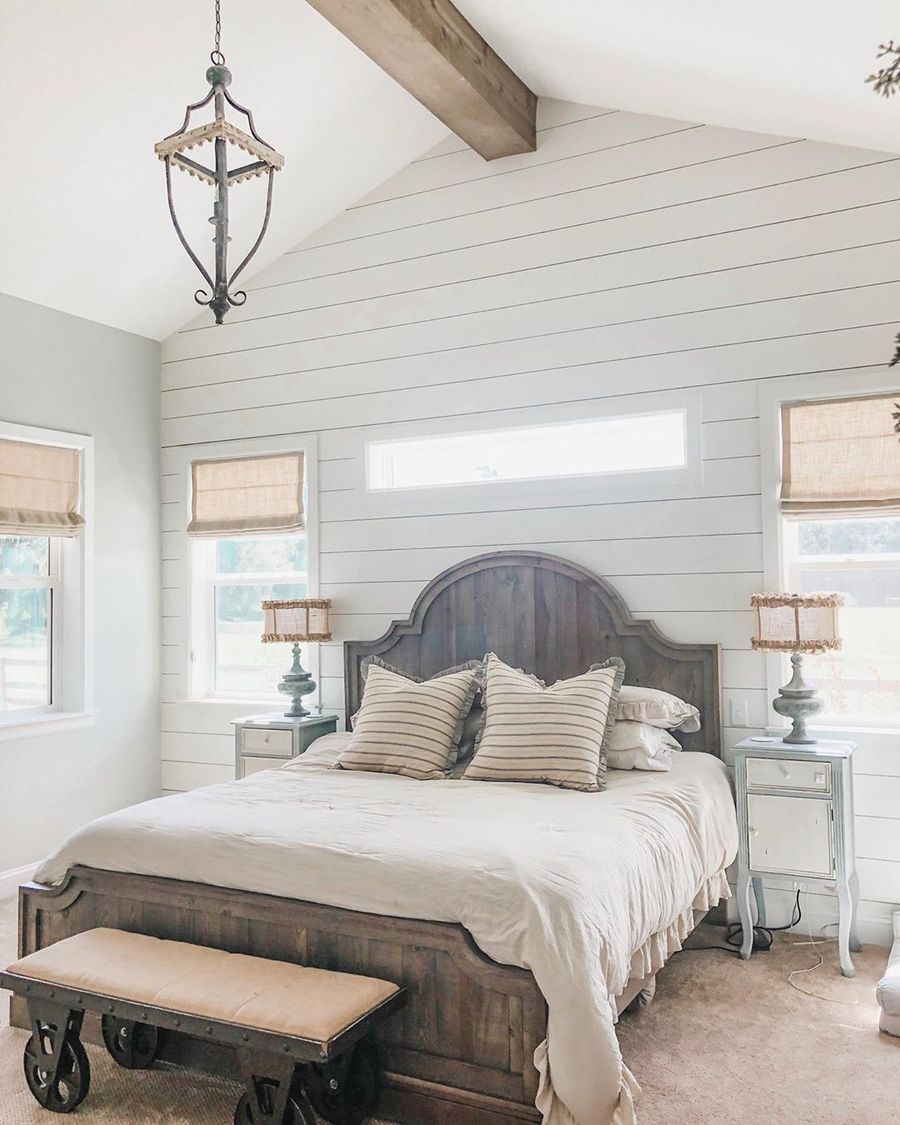 Industrial Bench on wheels in Farmhouse Bedroom via @uffelmanhomestead