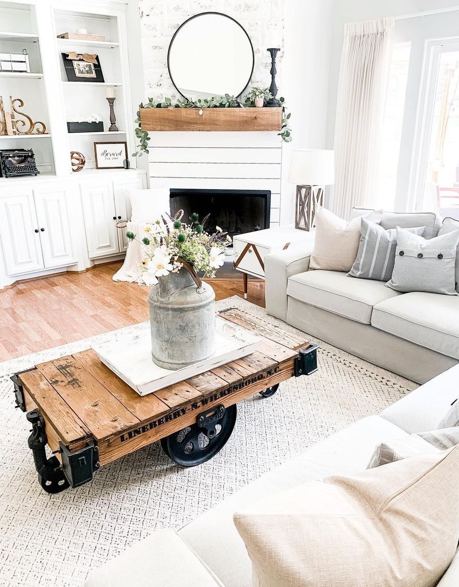 21 Modern Farmhouse Living Room Decor Ideas   Industrial Coffee Table On Wheels In Farmhouse Living Room By @clairelynnhome 