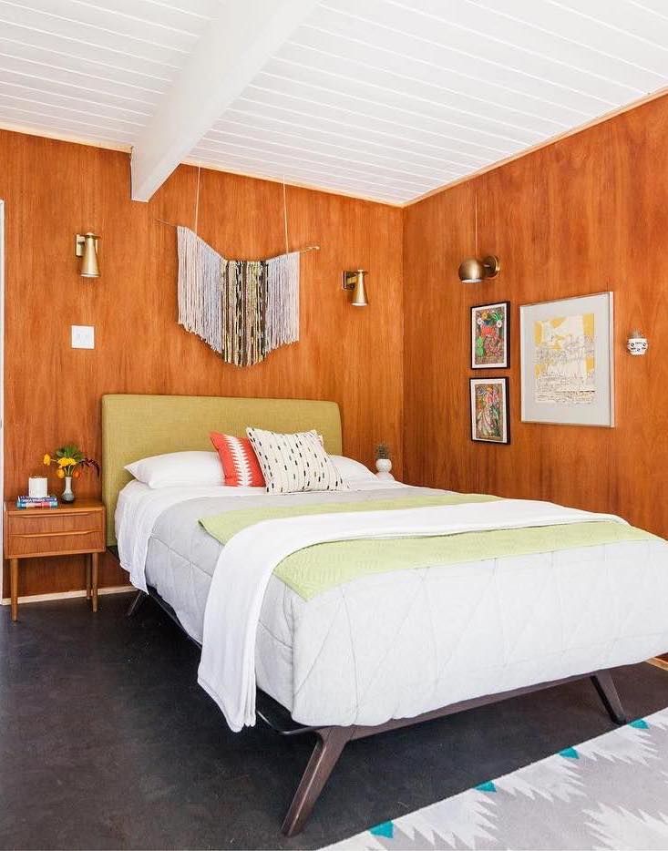 Mid-Century Modern Bedroom with Wood Walls via @destinationeichler