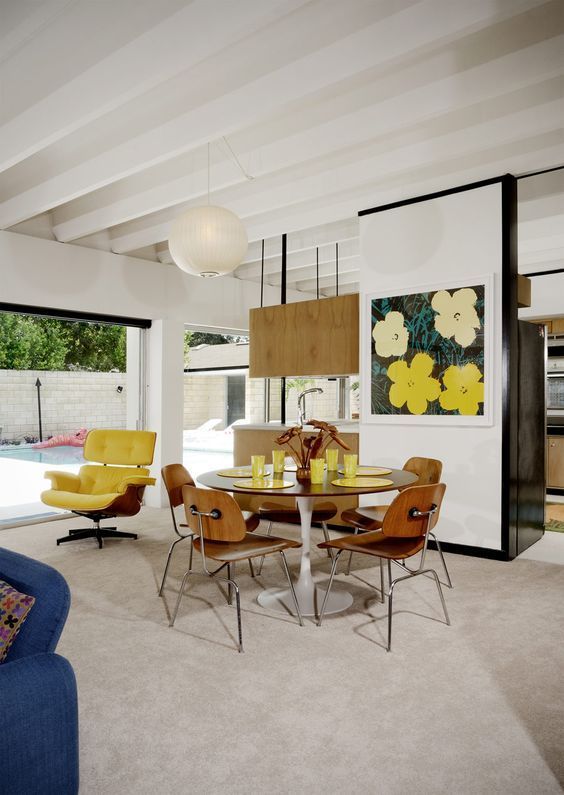 Mid-Century Modern Dining Room with Andy Warhol Art on the Wall