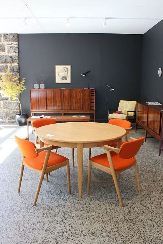 Mid-Century Modern Dining Room with Orange Dining Chairs