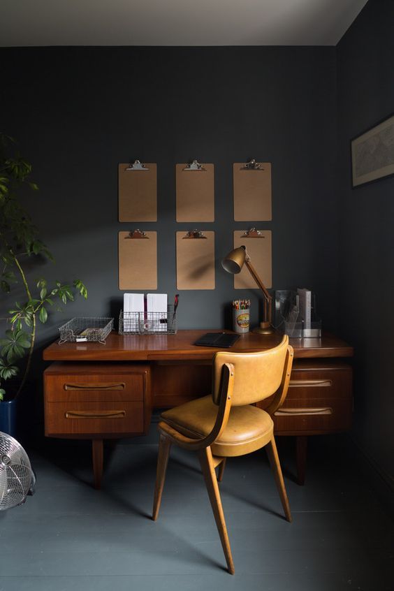 Mid-Century Modern Office with Black Walls
