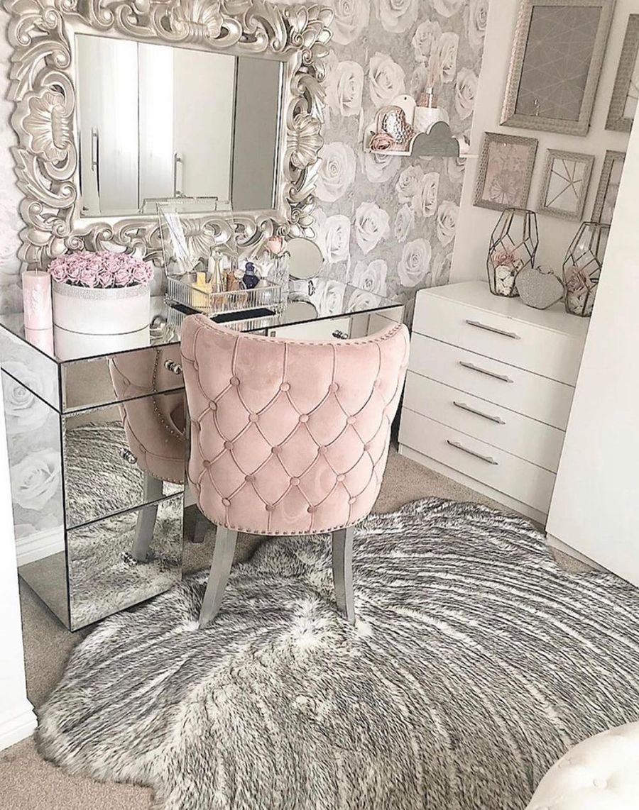 Mirrored Vanity in Glam Office with pink tufted chair via @ivys_luxury_home