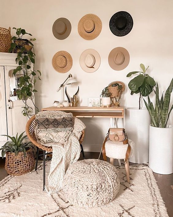 Multiple Potted plants in boho home office