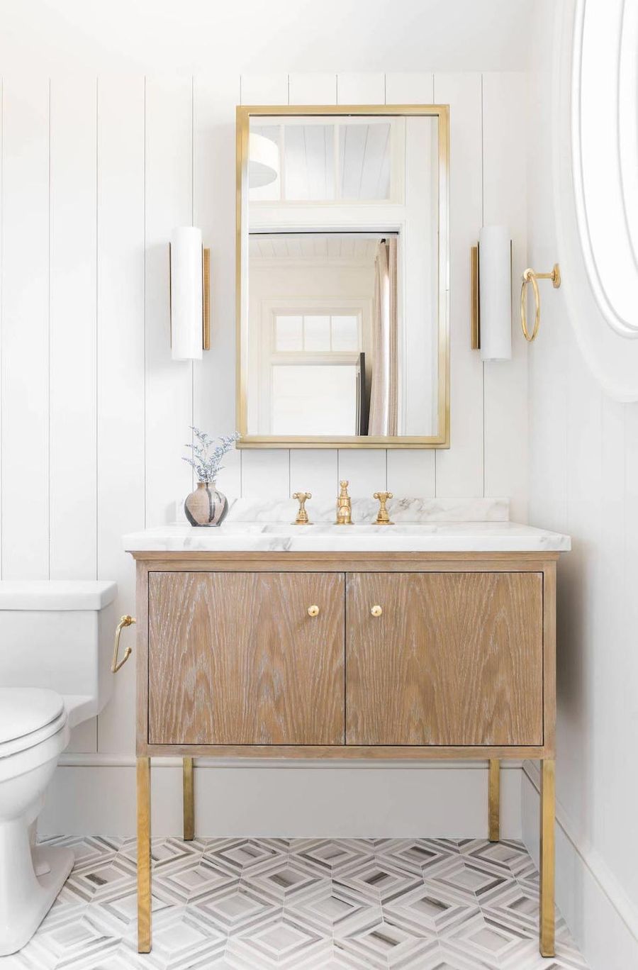 Natural Wood Cabinets in Neutral Bathroom via Cortney Bishop Design