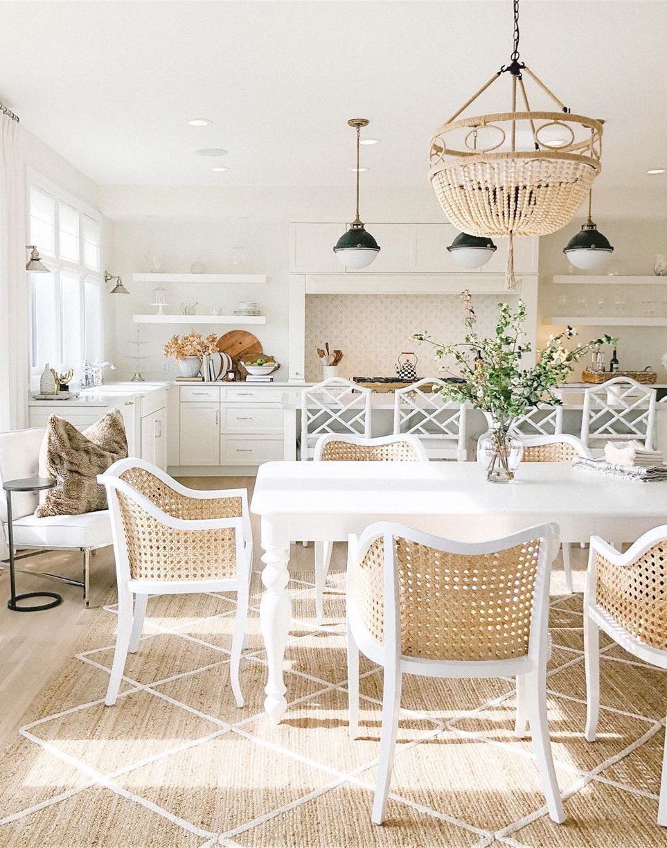 Neutral Dining Room with Beaded Chandelier via @myblueeyeworld