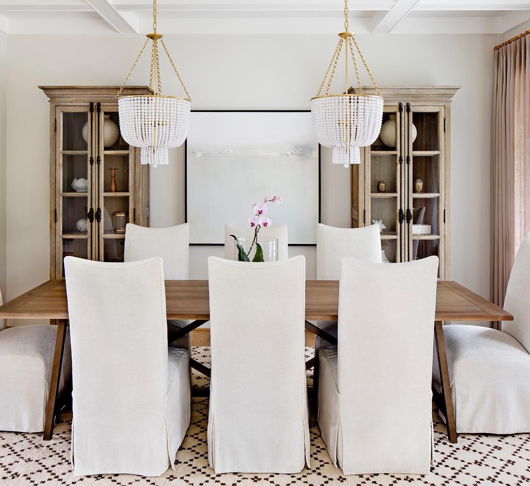 Neutral Dining Room with Matching Dining Hutches via @stephaniegambleinteriors