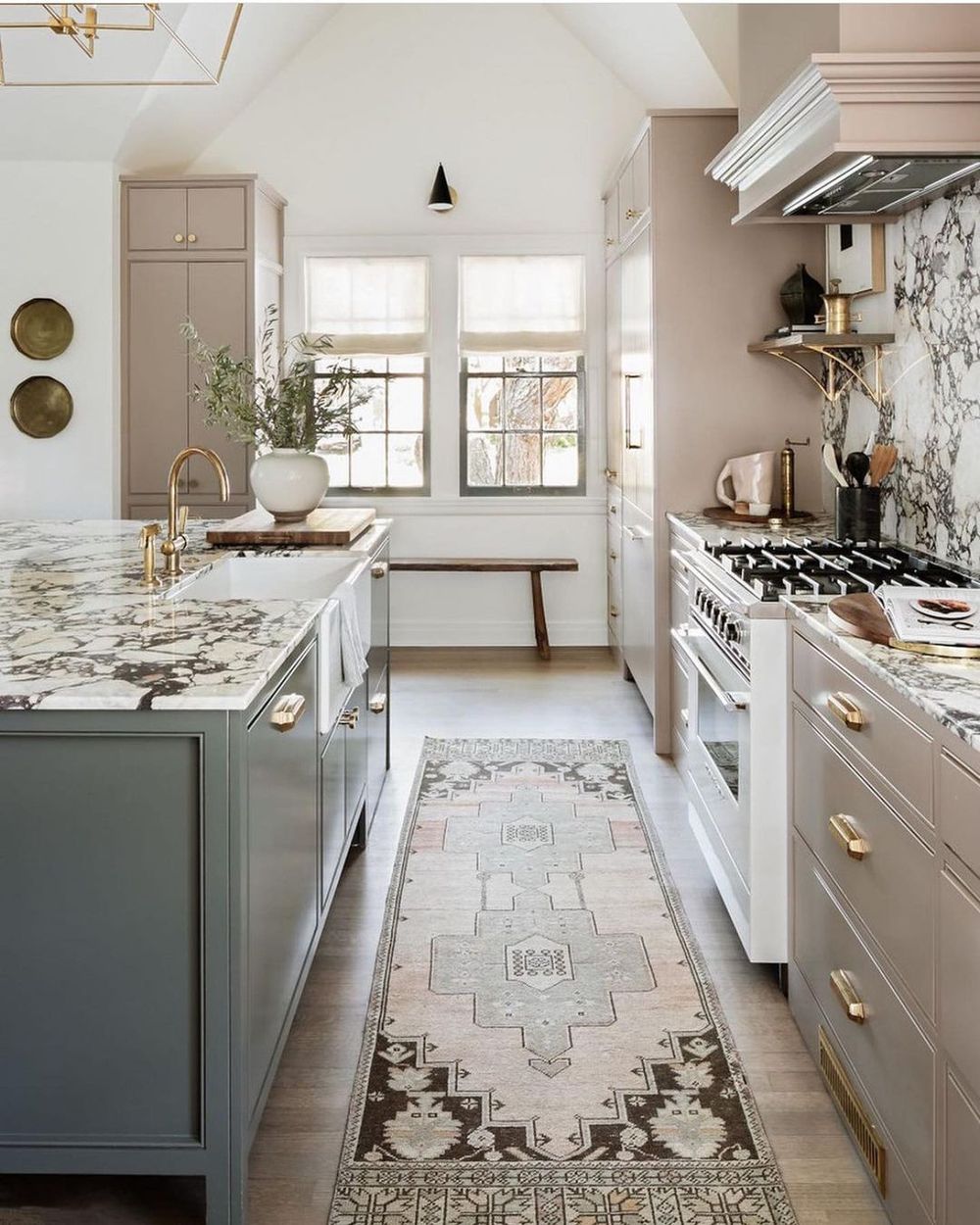 Neutral Kitchen Design with Patterned Oriental runner rug via @browninteriorsinc