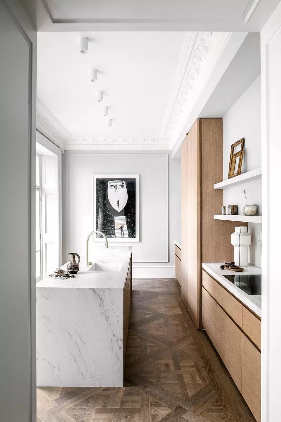 Neutral Kitchen white crown molding HouseandGardenUK