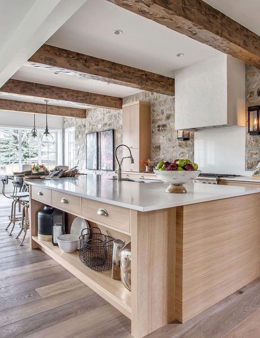 Neutral Kitchen with Exposed Wood Ceiling Beams via @tricklecreekyyc