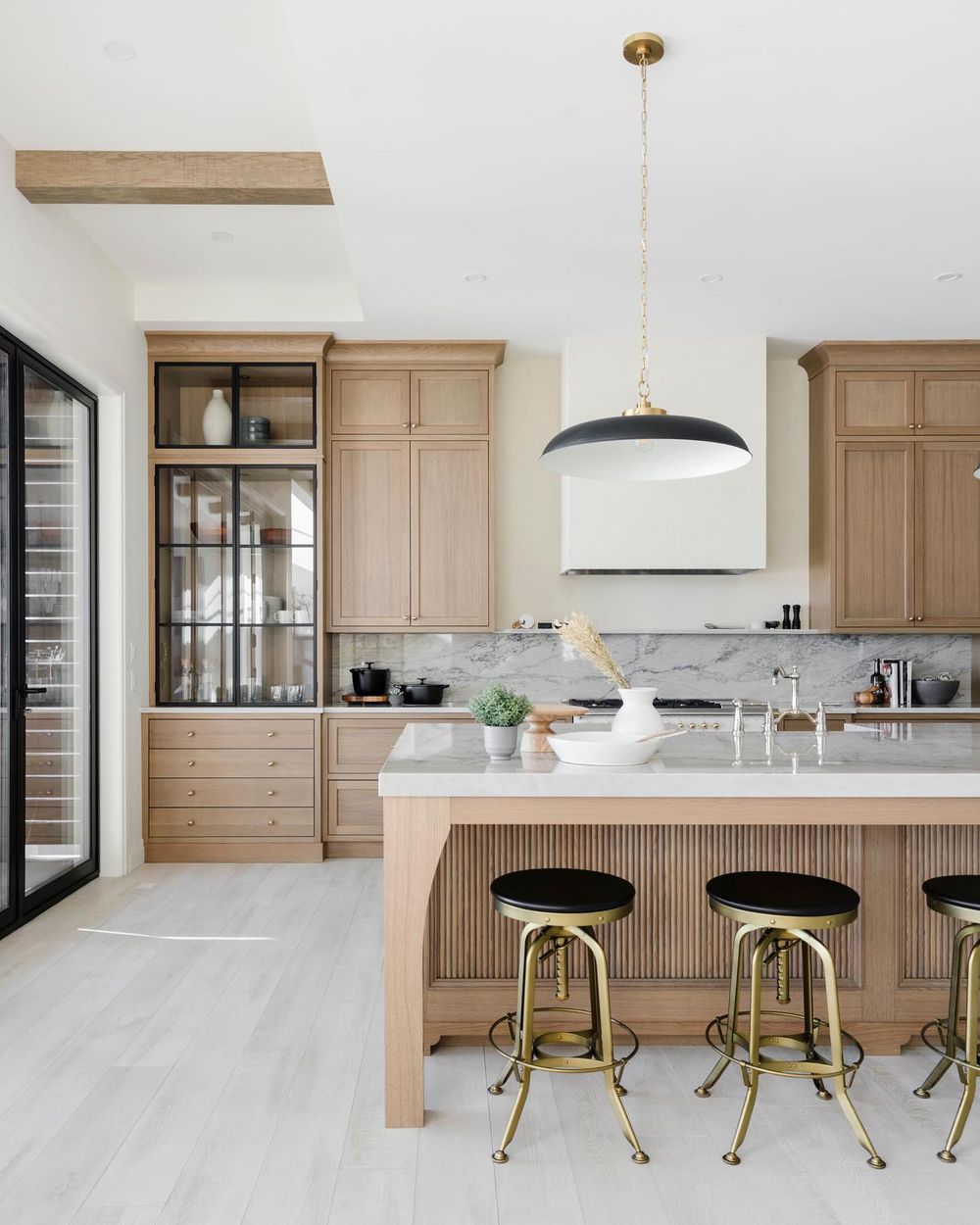 Neutral kitchen design brass bar stools smithericksondesigns