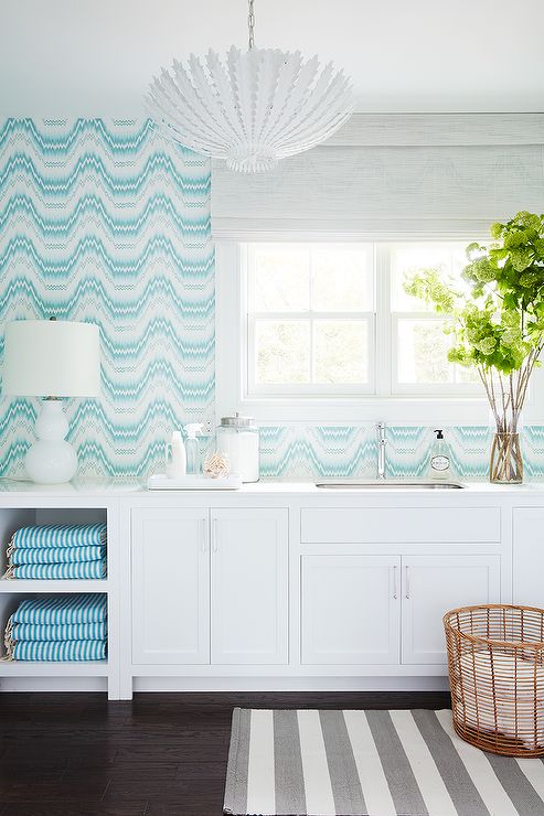 Ocean Wave Wallpaper in Coastal Laundry Room Beach Home via Meg Braff Designs