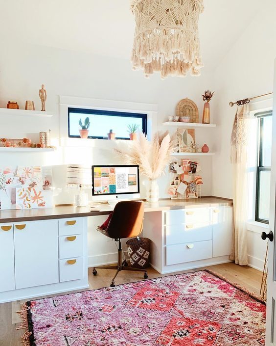 Pink Bohemian Rug in Boho Office Design with Macrame Ceiling Pendant, Pampas grass decor and swivel office chair