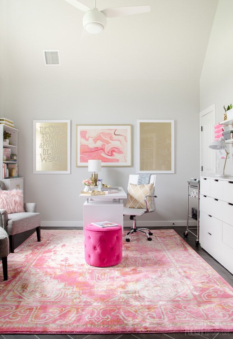 Pink Rug in a Feminine Home Office by Polished Habitat