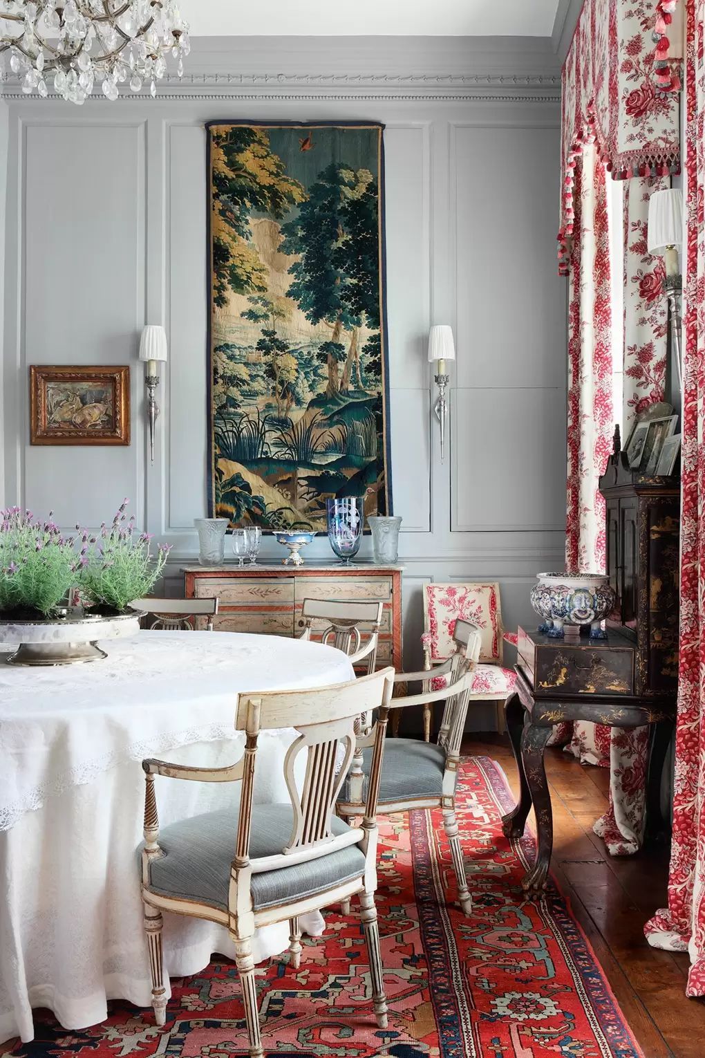 Pompadour toile curtains in English Country Dining Room Design via Caroline Harrowby