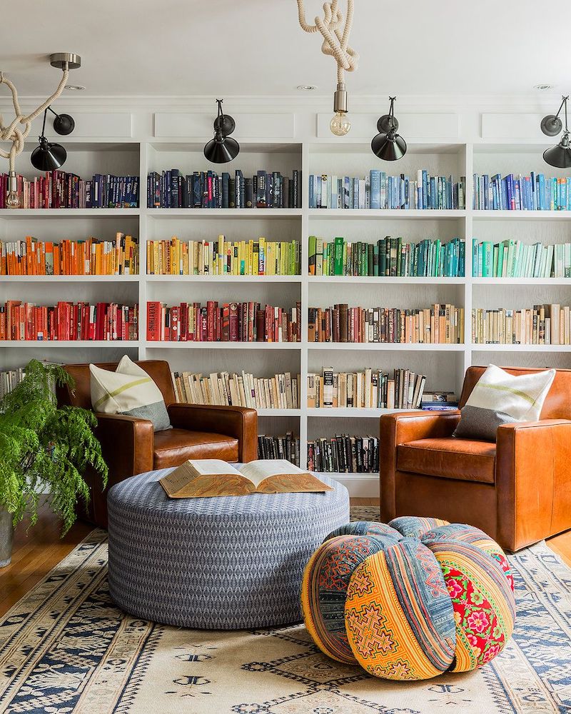 Reading Nook with Books Organized by Color via HudsonInterior