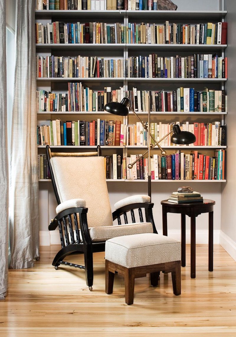Reading Nook with Reclined Chair and Footrest via Wolf and Wing Interior Design