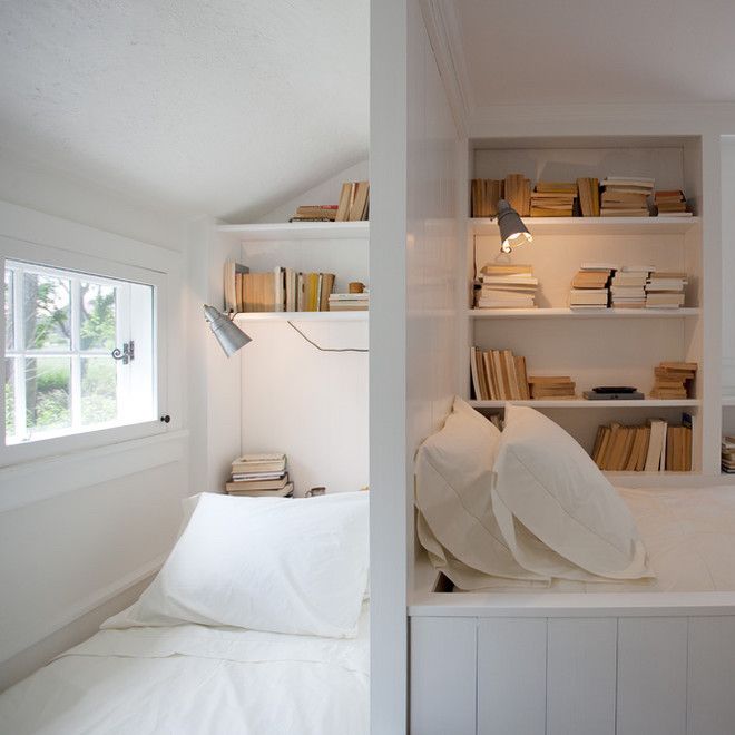 Reading Nook with Two White Twin Beds via Sullivan Building & Design Group