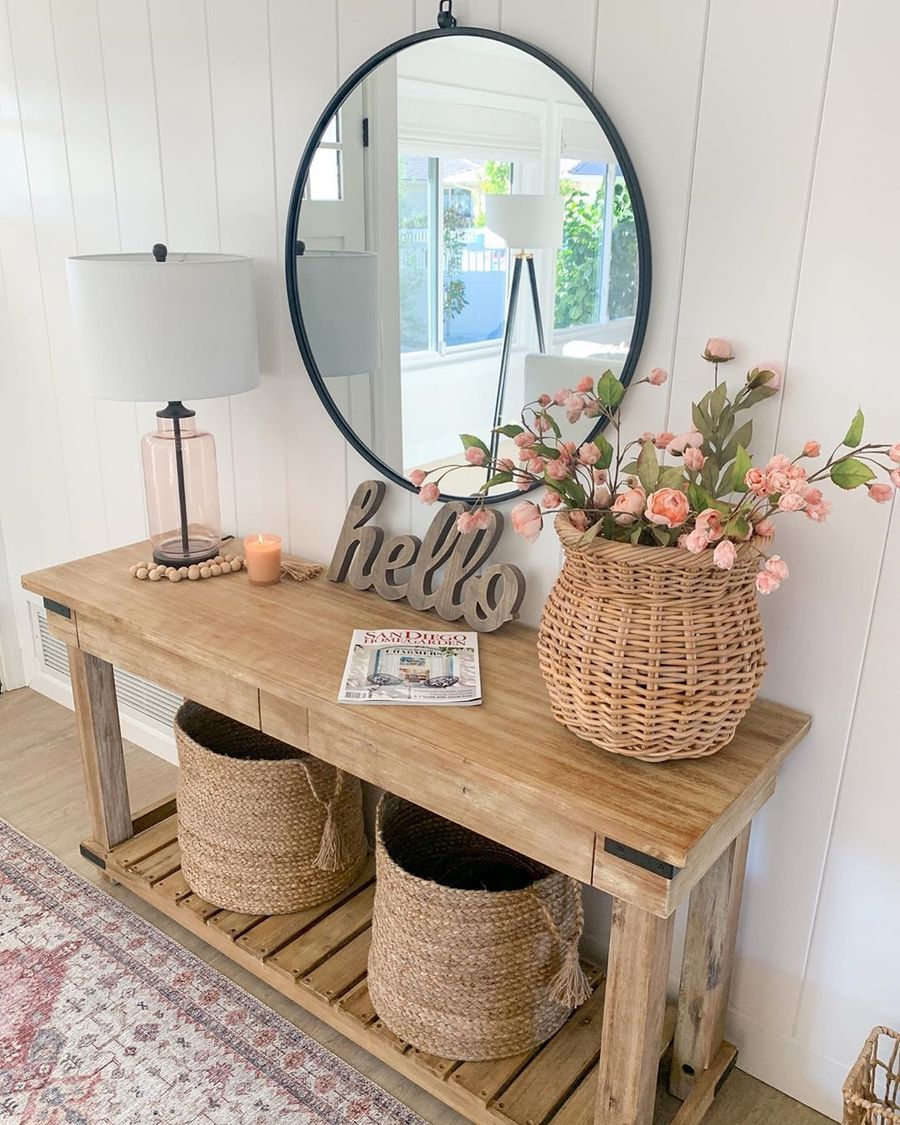 Roses in a Large Wicker Basket Spring Entryway Decor via @1111lightlane